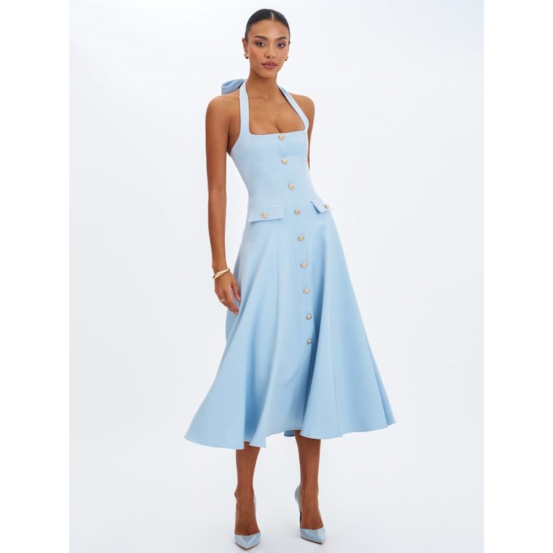 Gillian Mist Blue Halter A-Line Midi Dress | Miss Circle New York | Wolf &  Badger
