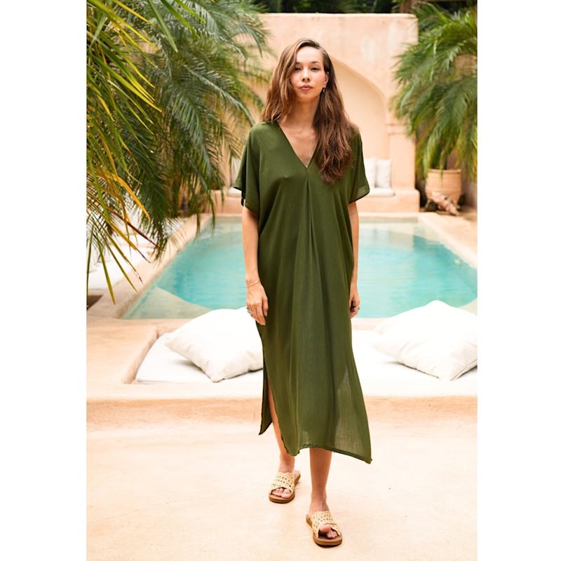 Thumbnail of Gina Breezy Crinkle Kaftan Dress In Forest Green image