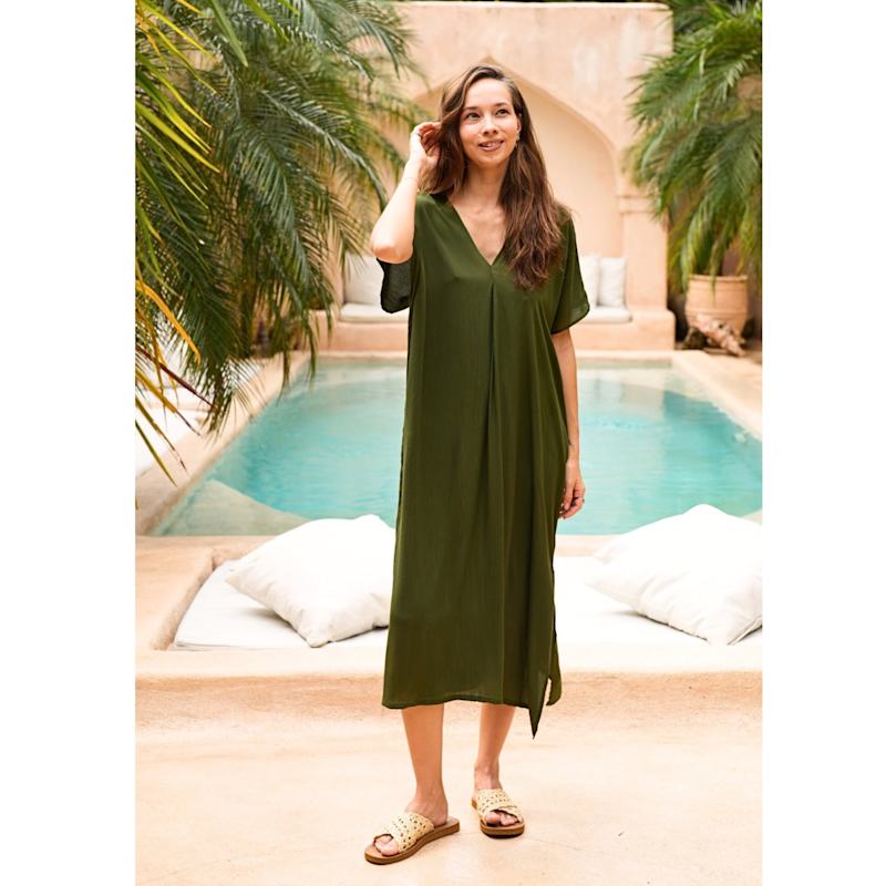 Thumbnail of Gina Breezy Crinkle Kaftan Dress In Forest Green image