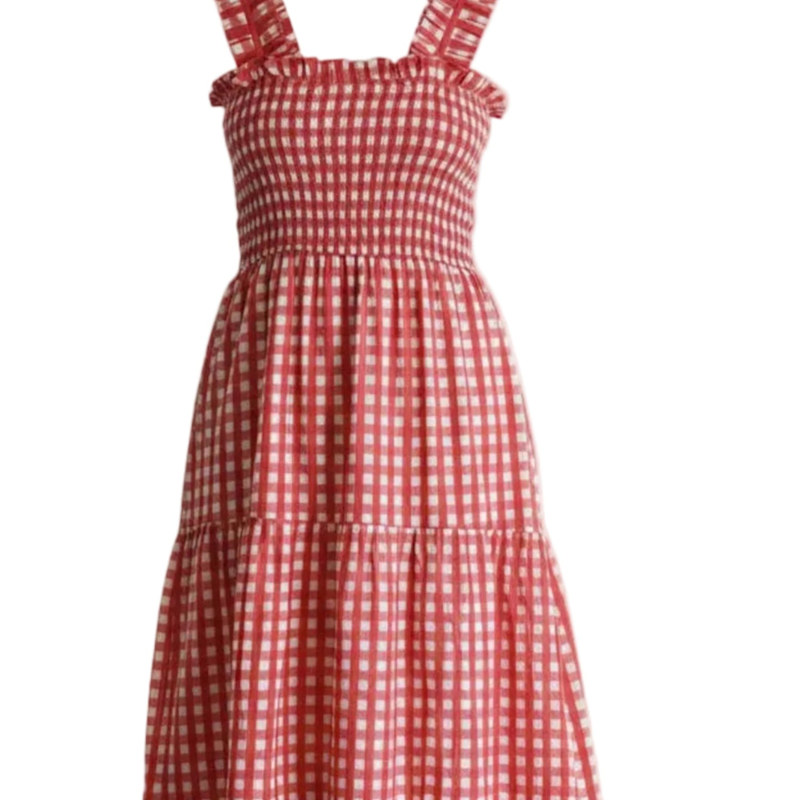 strapless open back dress Apple Red Gingham Stella Midi Dress