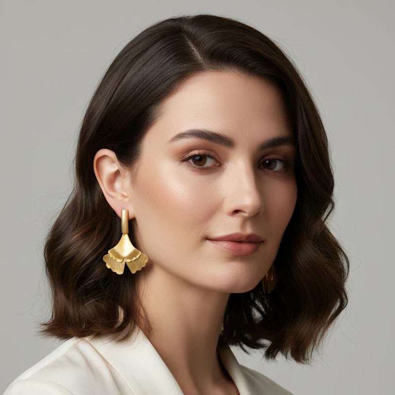 Thumbnail of Ginko Leaf Gold Plated Dangle Earrings image
