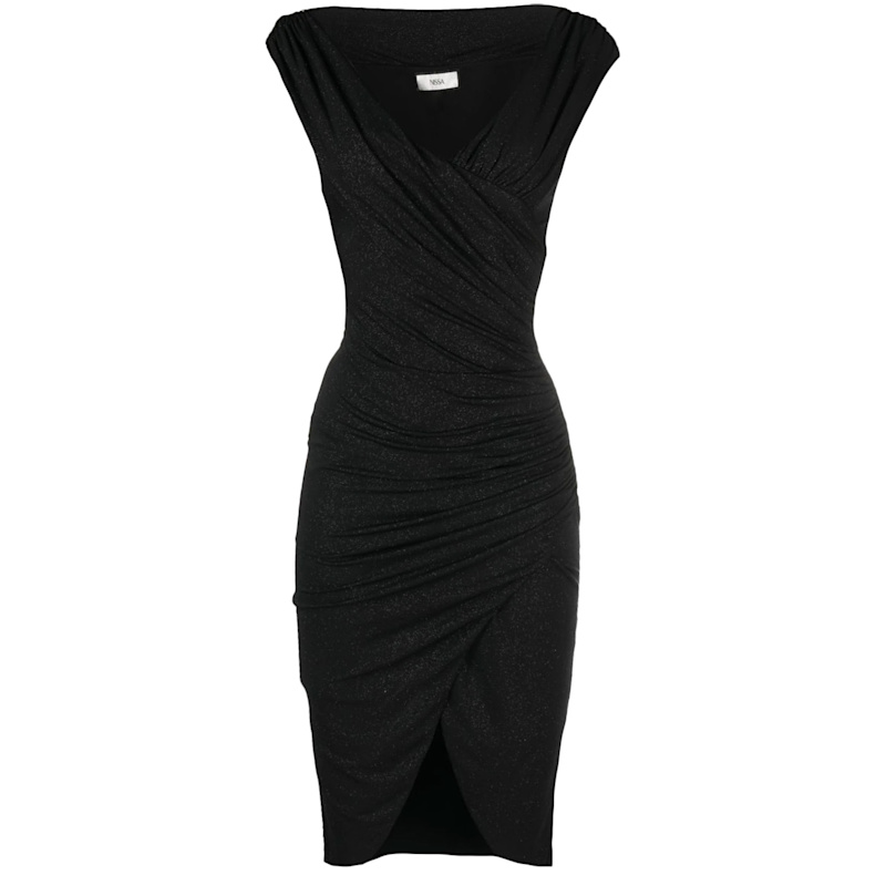 Nissa Glittered Ruched Midi Dress - Black