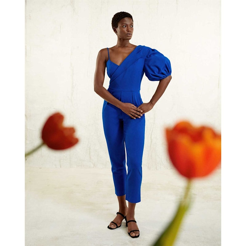 Thumbnail of Peak Lapel Puff Sleeve Crepe Jumpsuit - Royal Blue image