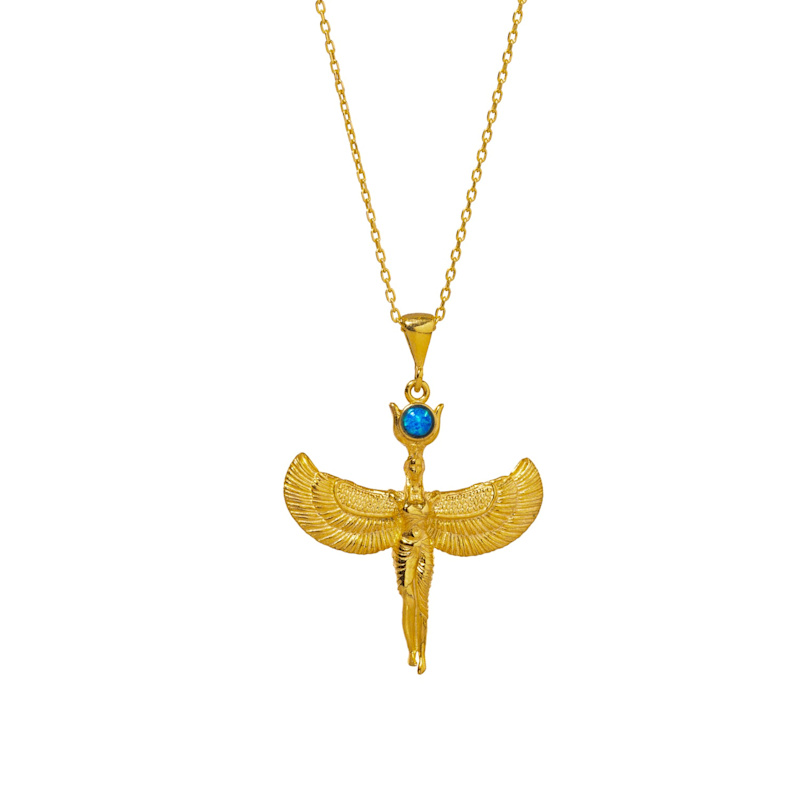 Goddess Isis Pendant Blue Opal Stone Gold Chain Necklace Gold