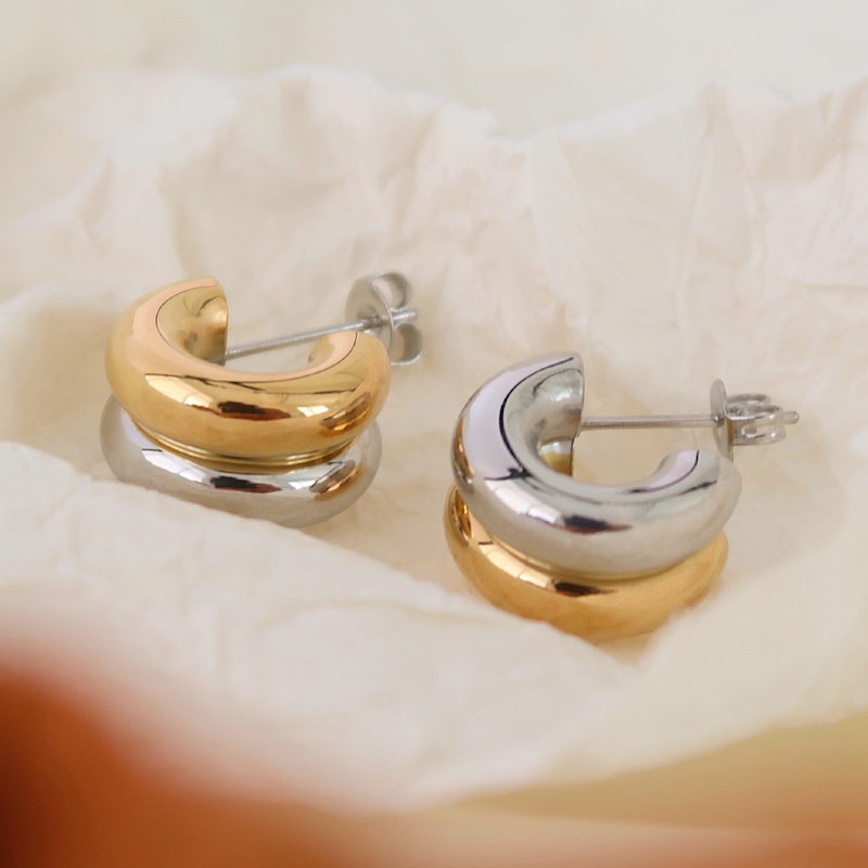 Thumbnail of Gold And Silver Double Tone Small Hoops image
