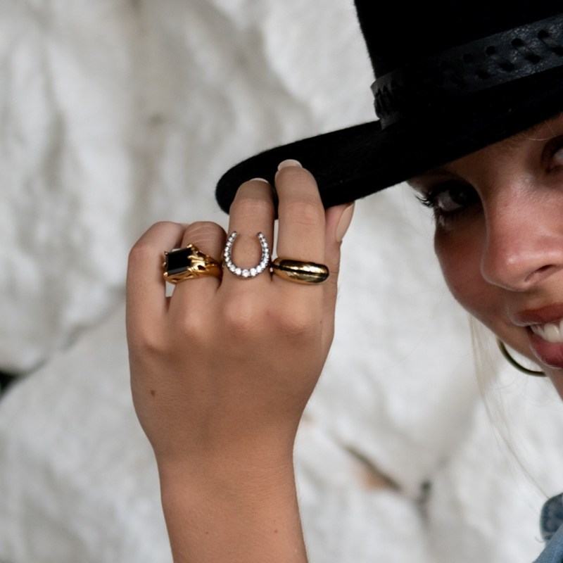 Thumbnail of Gold & Black Horseshoe Ring With Clear Stones image