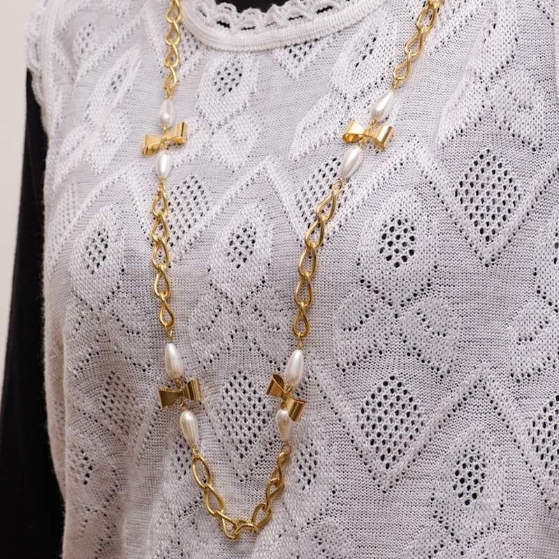 Thumbnail of Gold Bow And Pearl Link Necklace image