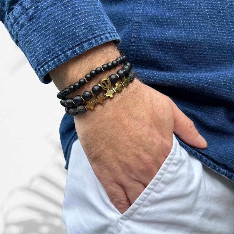 Thumbnail of Gold Cross Black Beaded Bracelet Set - Black image