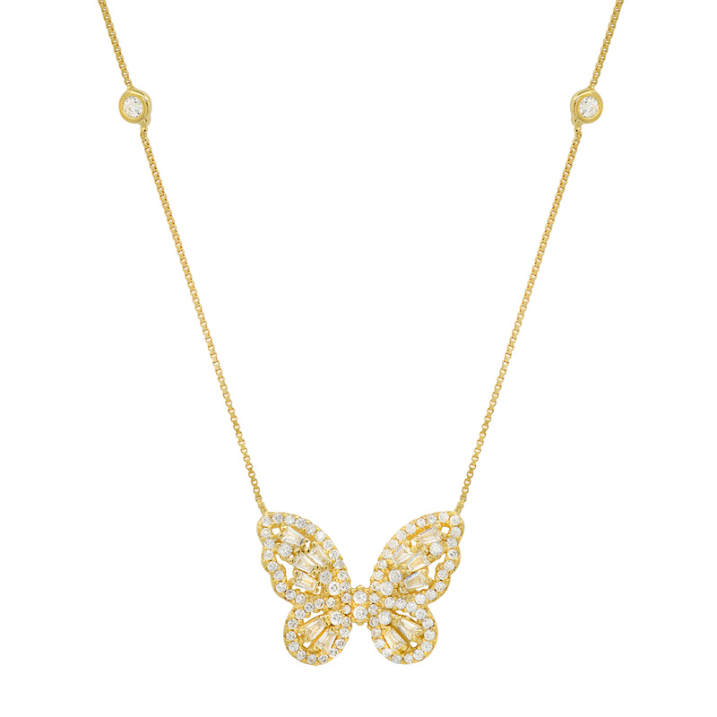 Thumbnail of Gold Diamond Cz Baguette Butterfly Station Necklace image