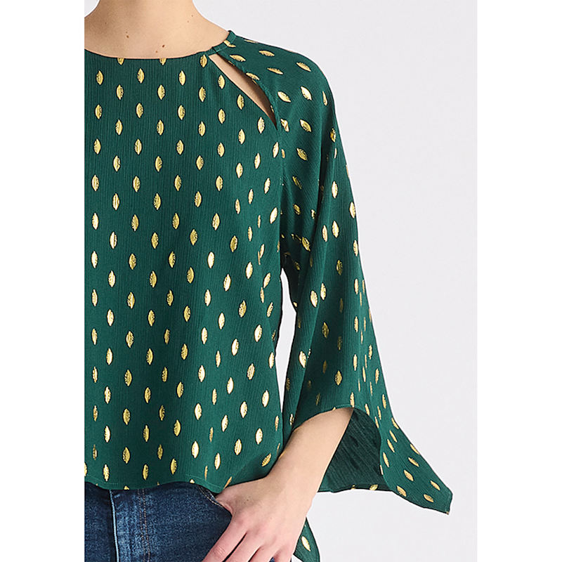 Thumbnail of Gold Foil Print Cut-Out Draped Sleeve Top In Dark Green & Gold image