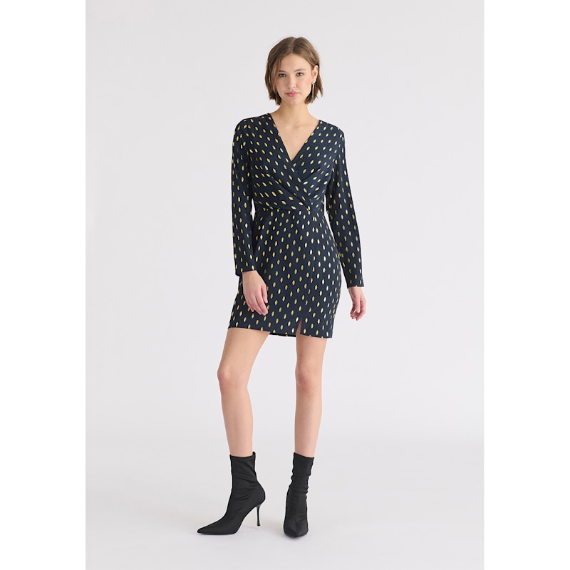 Women's Blue / Gold Gold Foil Print Mini Wrap Dress with Slit in Navy & Gold | Extra Small | Paisie