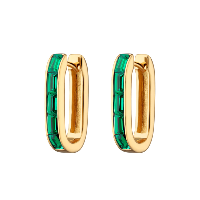 Thumbnail of Gold Oval Baguette Hoop Earrings With Green Stones image