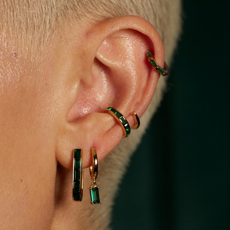 Thumbnail of Gold Oval Baguette Hoop Earrings With Green Stones image