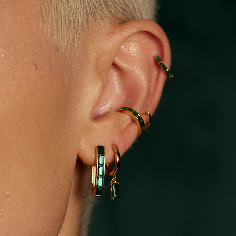 Thumbnail of Gold Oval Baguette Hoop Earrings With Green Stones image