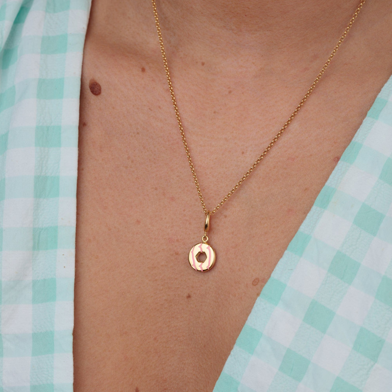 Thumbnail of Gold Plated Party Ring Biscuit Charm Necklace With Pink Enamel image