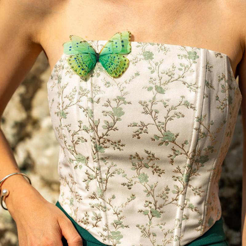 Thumbnail of Gold Pin Green Silk Butterfly Brooch image
