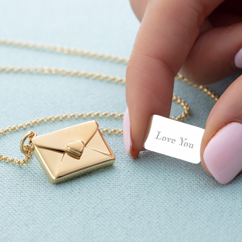Gold Plated Envelope Charm Necklace With Engraved Insert Love