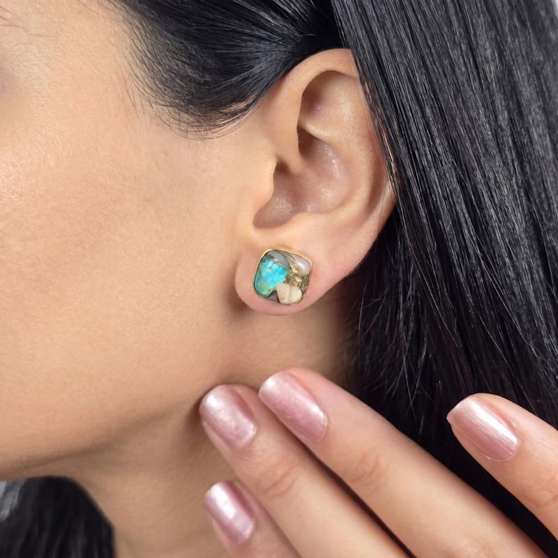 Thumbnail of Gold Plated  Opal And Turquoise Gold Plated Gemstone Stud Earrings image