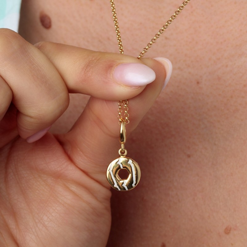 Thumbnail of Gold Plated Party Ring Charm Necklace With White Enamel - Biscuit Necklace image