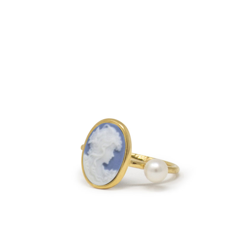 Thumbnail of Gold-Plated Sky Blue Mini Cameo Ring With A Pearl image