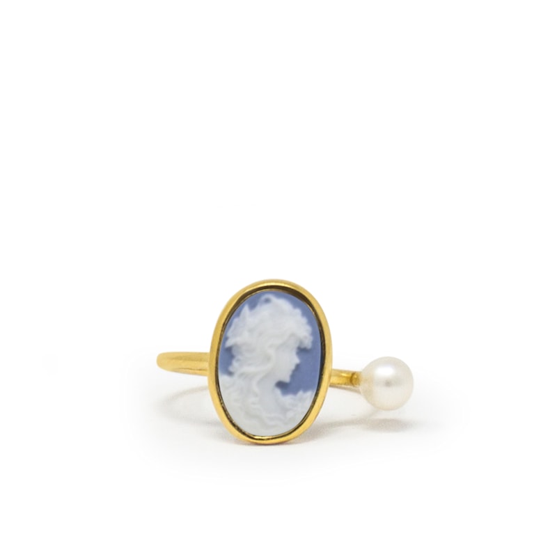 Thumbnail of Gold-Plated Sky Blue Mini Cameo Ring With A Pearl image