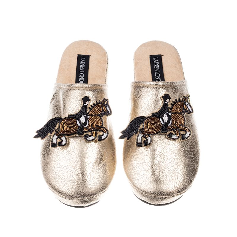 Thumbnail of Gold Softie Slippers With Dressage Horse Brooches image
