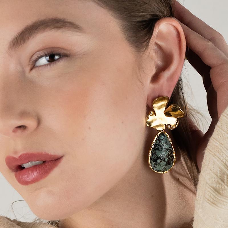 Thumbnail of Golden Flora Statement African Turquoise Drop Earrings image