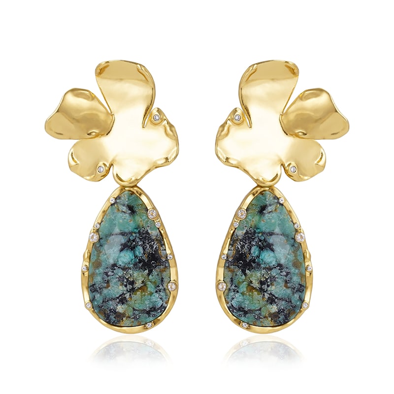 Thumbnail of Golden Flora Statement African Turquoise Drop Earrings image