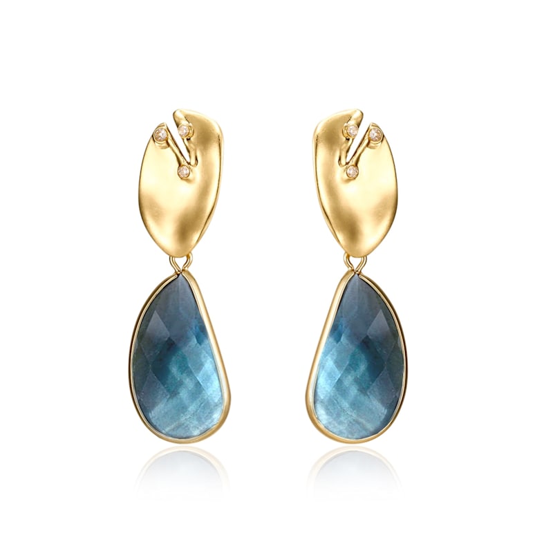 Thumbnail of Blue Gemstone Leaf Drop Earrings | Gold Statement Earrings image