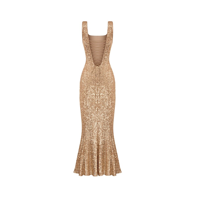Thumbnail of Golden Sequin Tie Back Midi Dress image