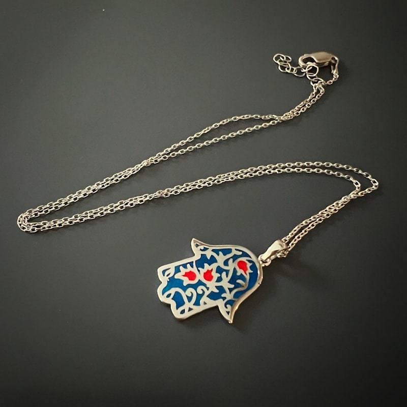 Thumbnail of Sterling Silver Blue & Red Enamel Hamsa Hand Necklace - Blue image