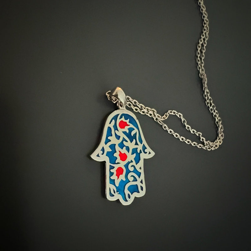 Thumbnail of Sterling Silver Blue & Red Enamel Hamsa Hand Necklace - Blue image