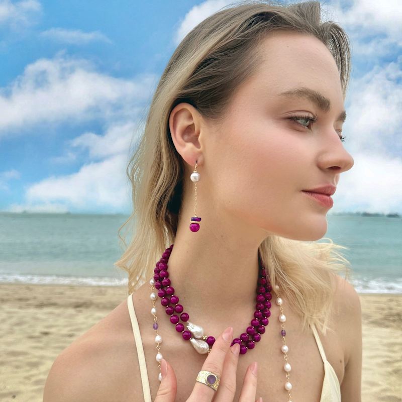 Thumbnail of Gray Freshwater Pearls And Magenta Gemstone Dangle Earrings image