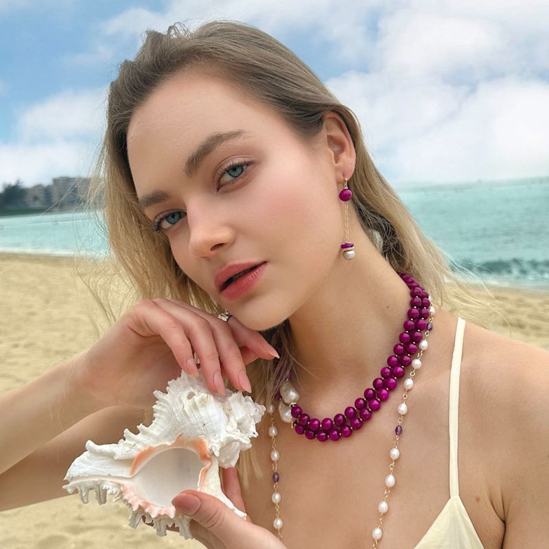 Thumbnail of Gray Freshwater Pearls And Magenta Gemstone Dangle Earrings image