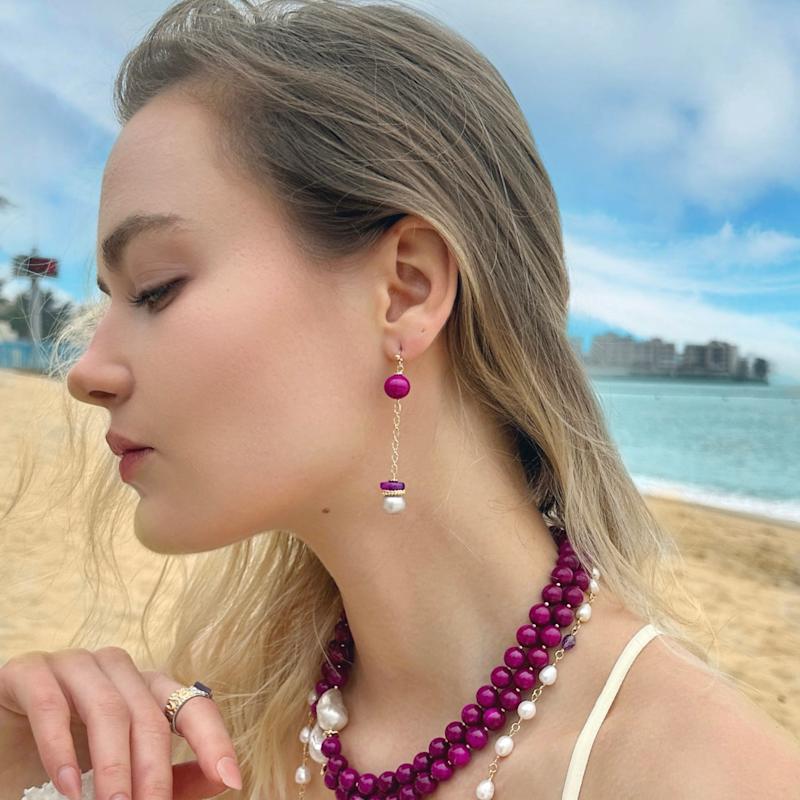 Thumbnail of Gray Freshwater Pearls And Magenta Gemstone Dangle Earrings image