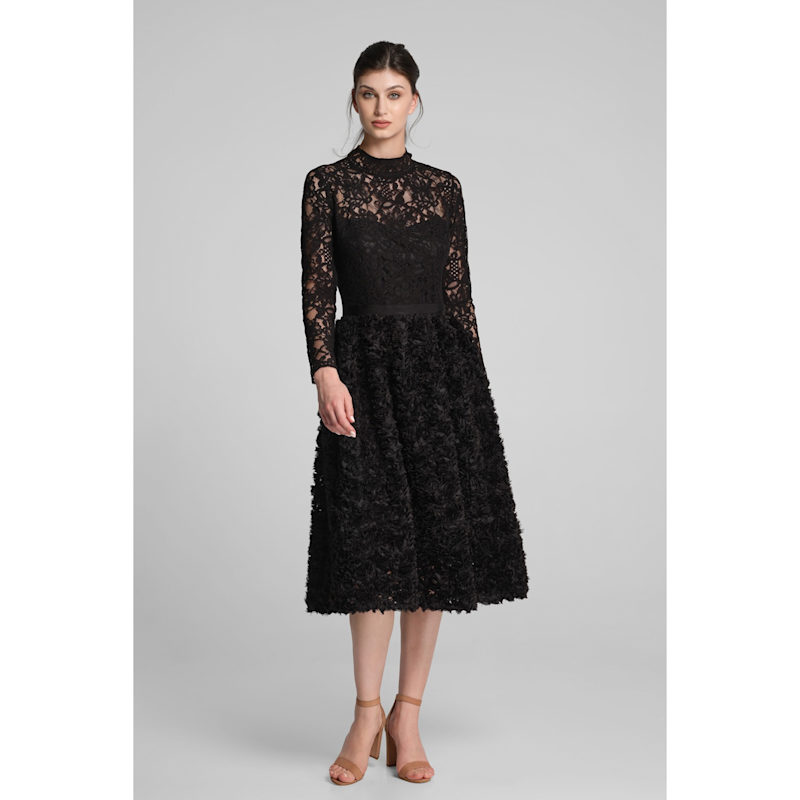 Women's Black Grazia Midi Dress with Lace Bodice and Ruffled-Tulle Skirt | Extra Small | Rumour London