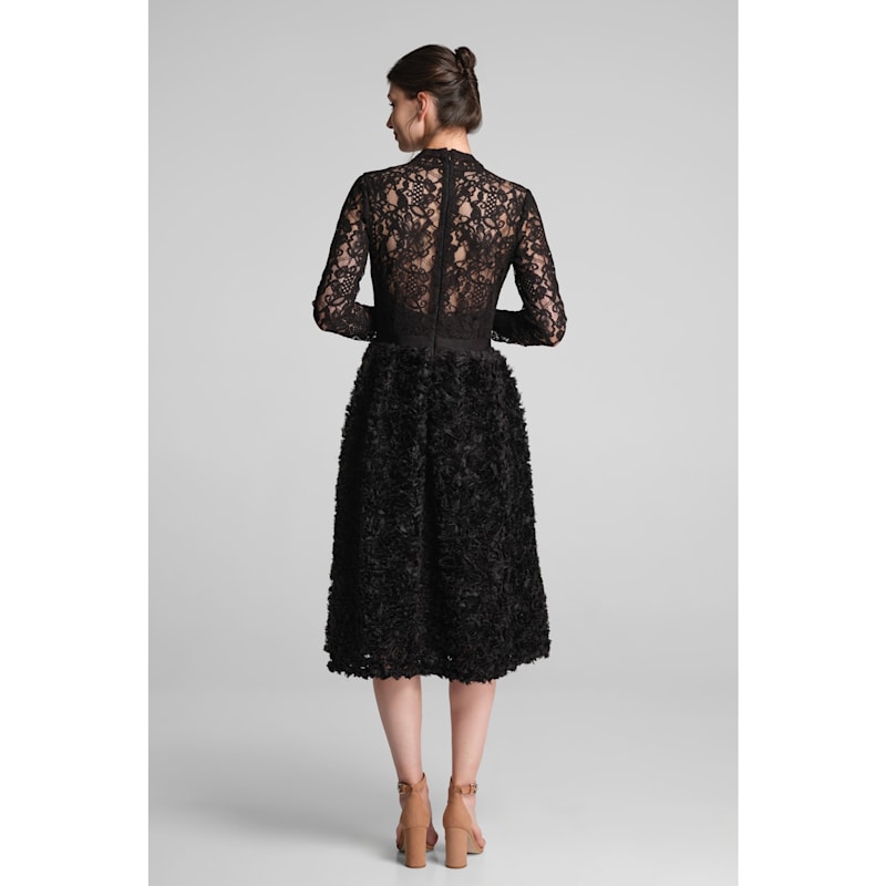 Women's Black Grazia Midi Dress with Lace Bodice and Ruffled-Tulle Skirt | Extra Small | Rumour London