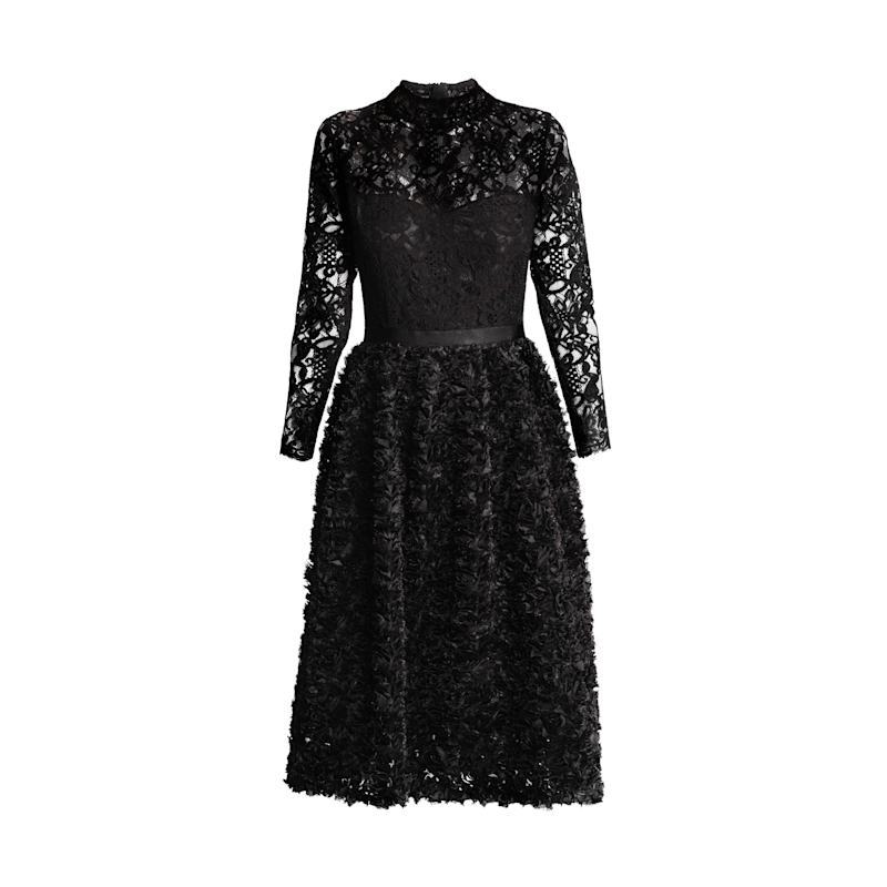 Women's Black Grazia Midi Dress with Lace Bodice and Ruffled-Tulle Skirt | Extra Small | Rumour London