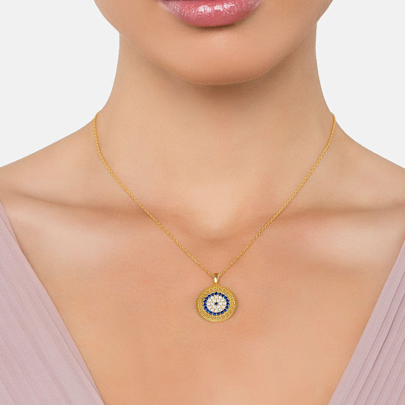 Thumbnail of Greek Evil Eye Disc Pendant Necklace Gold image