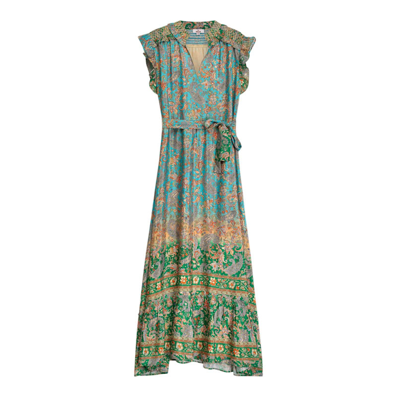 green button up dress short sleeve Pansy Burnt Orange & Green Floral Dress – Elise Design main image 0