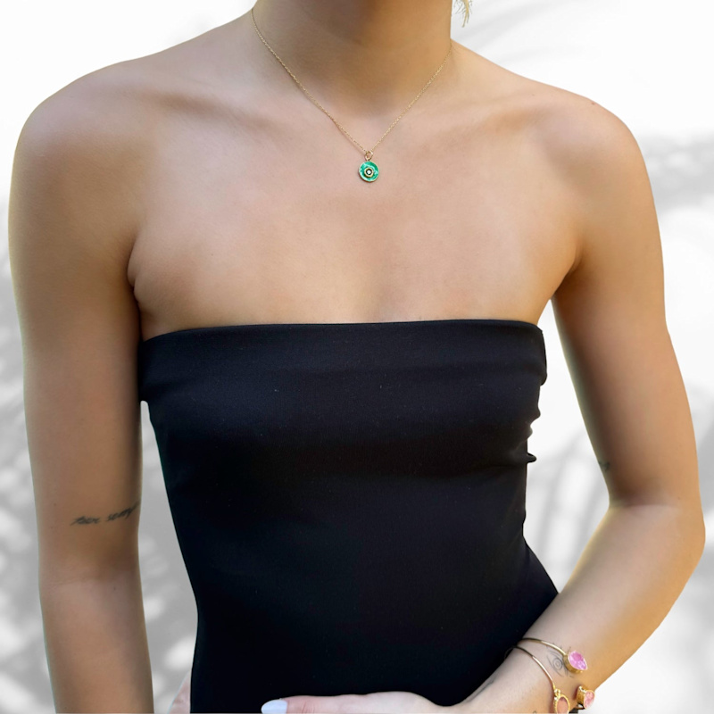 Thumbnail of Green Enamel & Jade Stone Evil Eye Gold Chain Necklace - Green image
