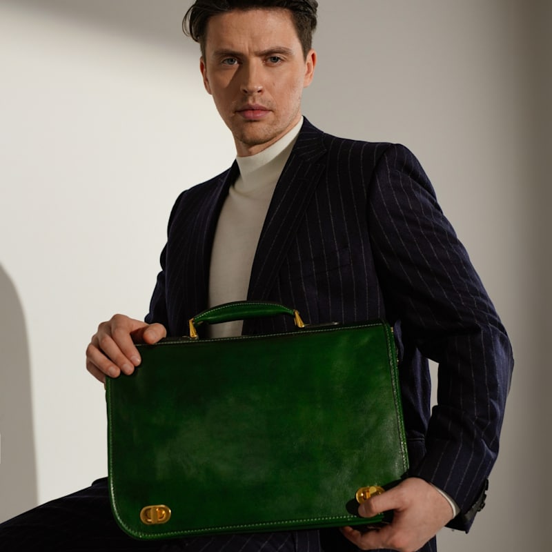 Thumbnail of Leather Briefcase Laptop Bag - Illusions - Green image