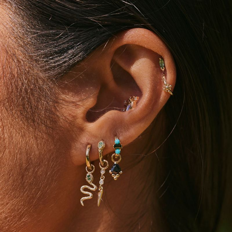 Thumbnail of Green Tourmaline & Turquoise Huggie Hoop Earring 9K Gold image