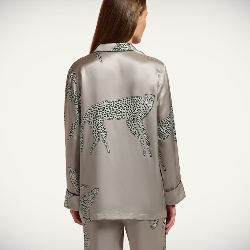 Thumbnail of Long Grey Mulberry Silk Pyjama Set | Leopard Print image