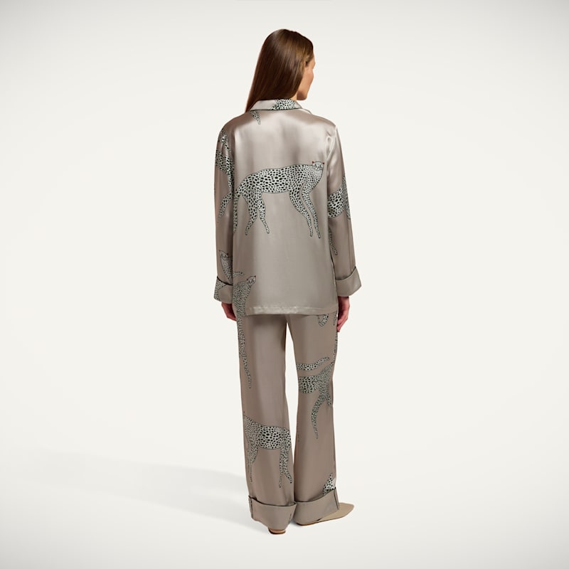 Thumbnail of Long Grey Mulberry Silk Pyjama Set | Leopard Print image