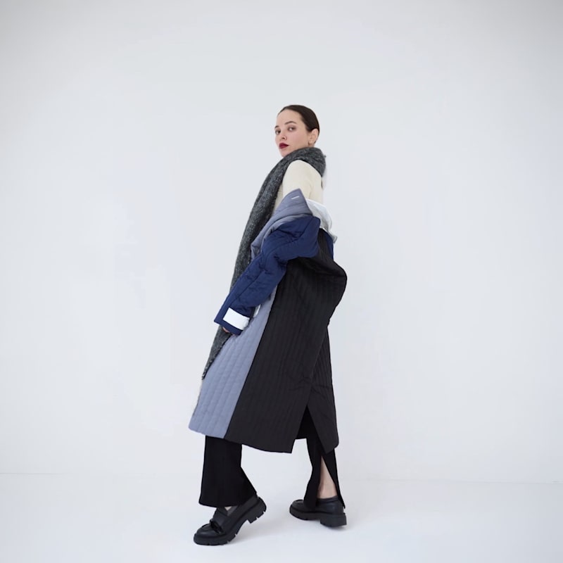 Thumbnail of Grey Navy White Patchwork Colour Block Quilted Long Jacket image