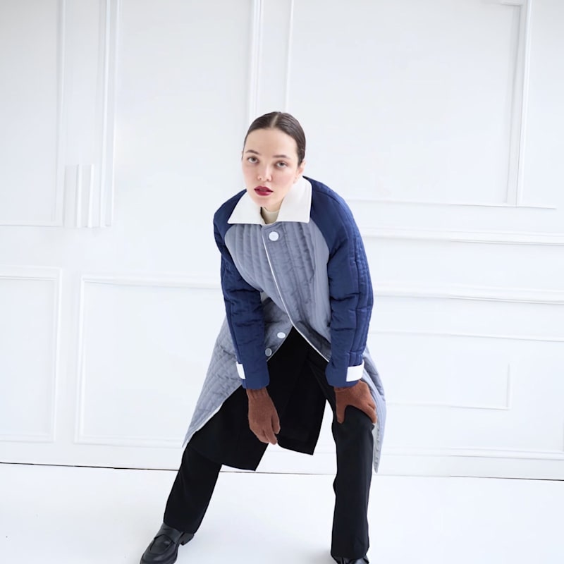 Thumbnail of Grey Navy White Patchwork Colour Block Quilted Long Jacket image
