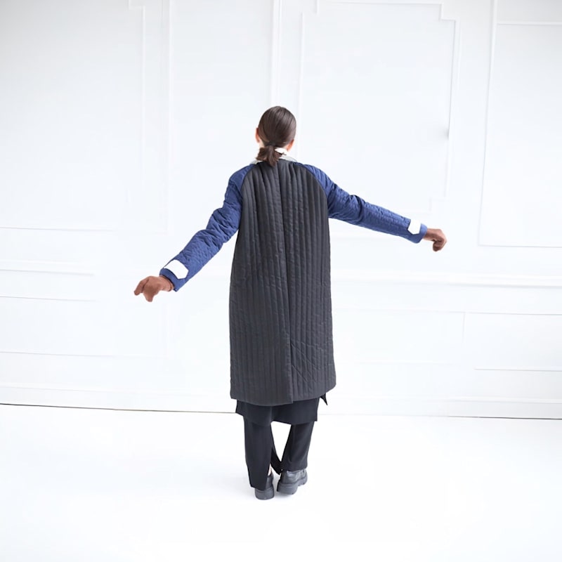 Thumbnail of Grey Navy White Patchwork Colour Block Quilted Long Jacket image