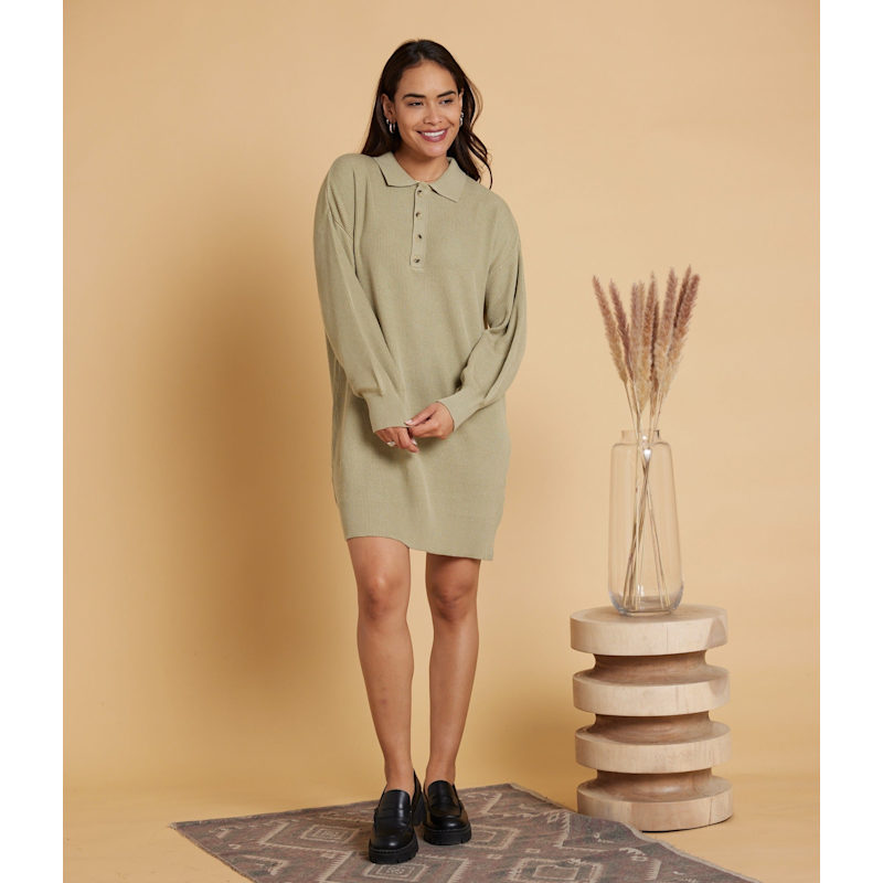 Collared Button Sweater Dress - Griffin Khaki Green | KNOWN SUPPLY