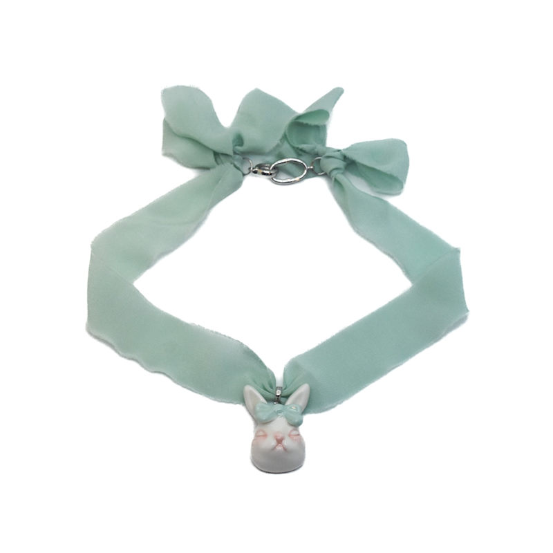 Thumbnail of Grumpy Bunny Mint Green Silk Choker Necklace image